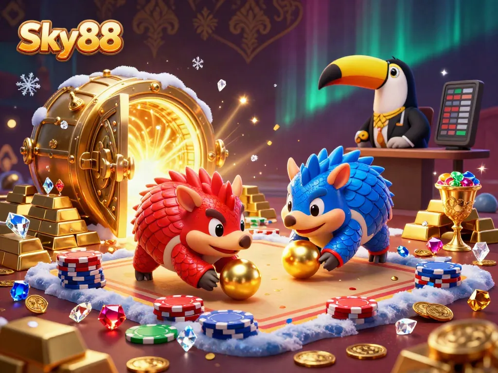 Engage in thrilling action at Sky88 with colorful pangolins bowling through poker chips.