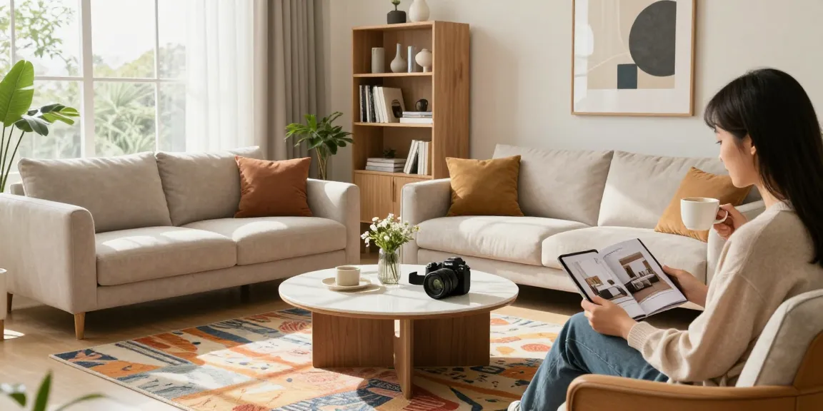 Modernes Wohnzimmer mit stilvollem Sofa und Couchtisch, der Optionen für Möbel mit Lieferung kaufen zeigt.