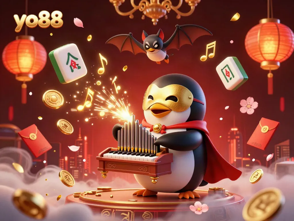 Experience the exciting world of yo88 with a vibrant 3D penguin character playing a golden organ amidst floating casino elements.