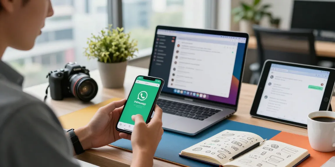 Engaging workspace with a user exploring FM WhatsApp on smartphone, showcasing modern tech gadgets and vibrant office environment.