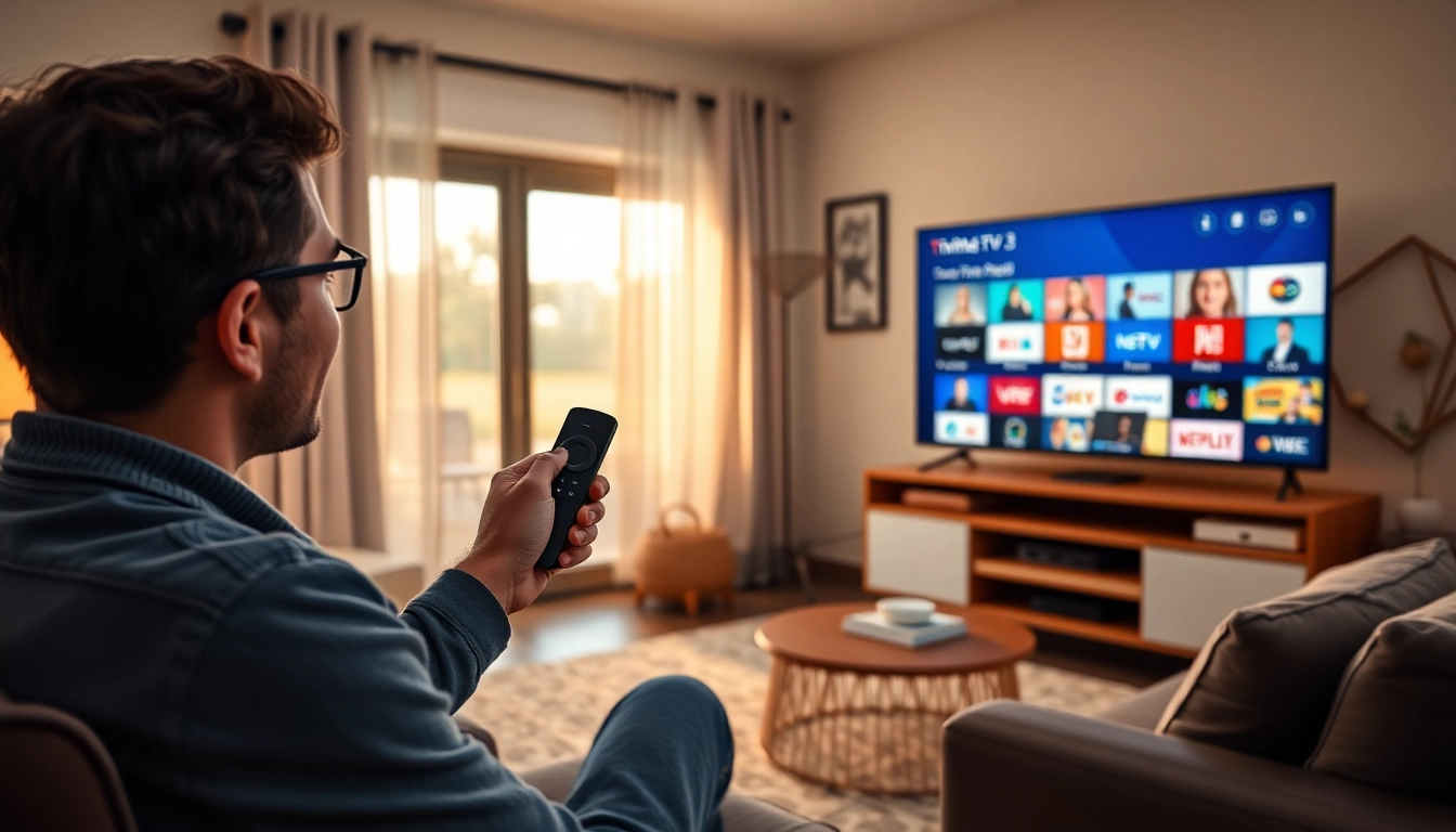 TiviMate auf Fire TV Stick installieren, Benutzer streamt begeistert IPTV in einer gemütlichen Wohnzimmeratmosphäre.