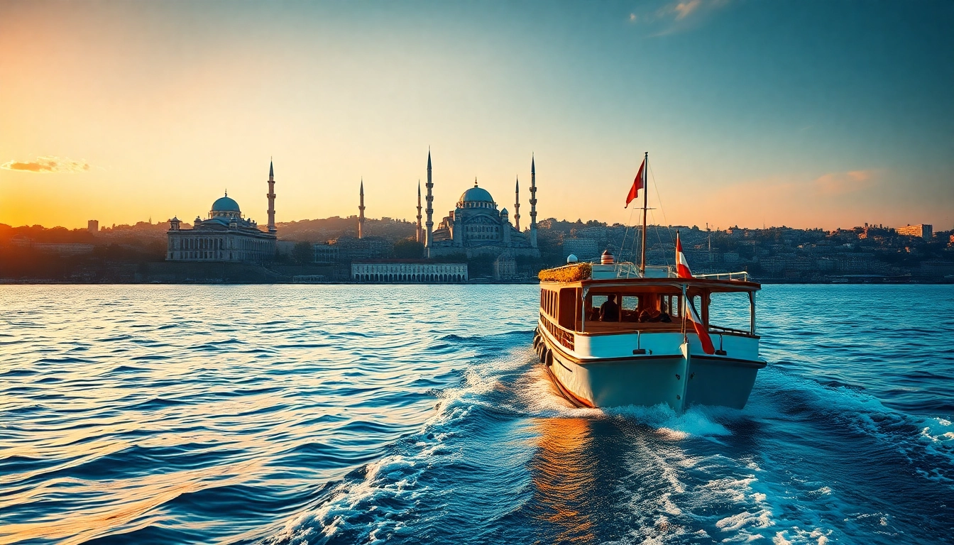 Erleben Sie Istanbul Bosphorus cruises mit einem eindrucksvollen Boot vor der Skyline Istanbuls.