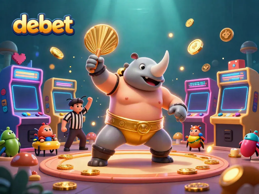Experience the excitement of debet as a rhinoceros beetle sumo champion stomps to pay out coins amidst vibrant casino-themed elements.