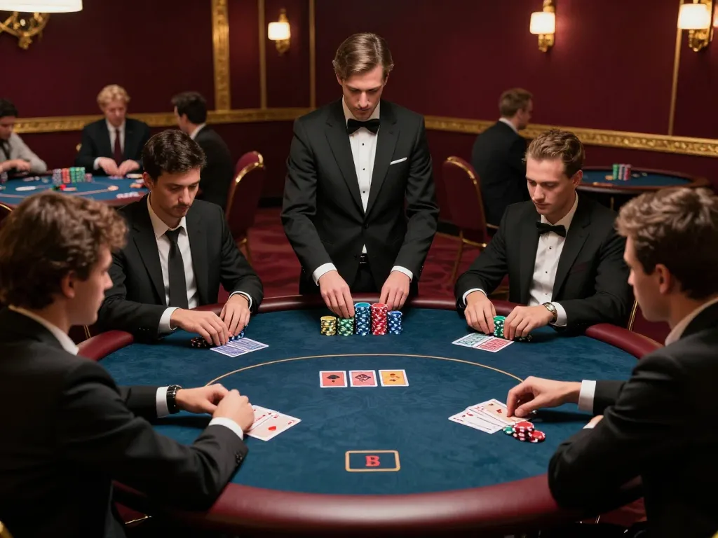 CM88 poker players strategizing in a luxurious casino setting during a high-stakes game.