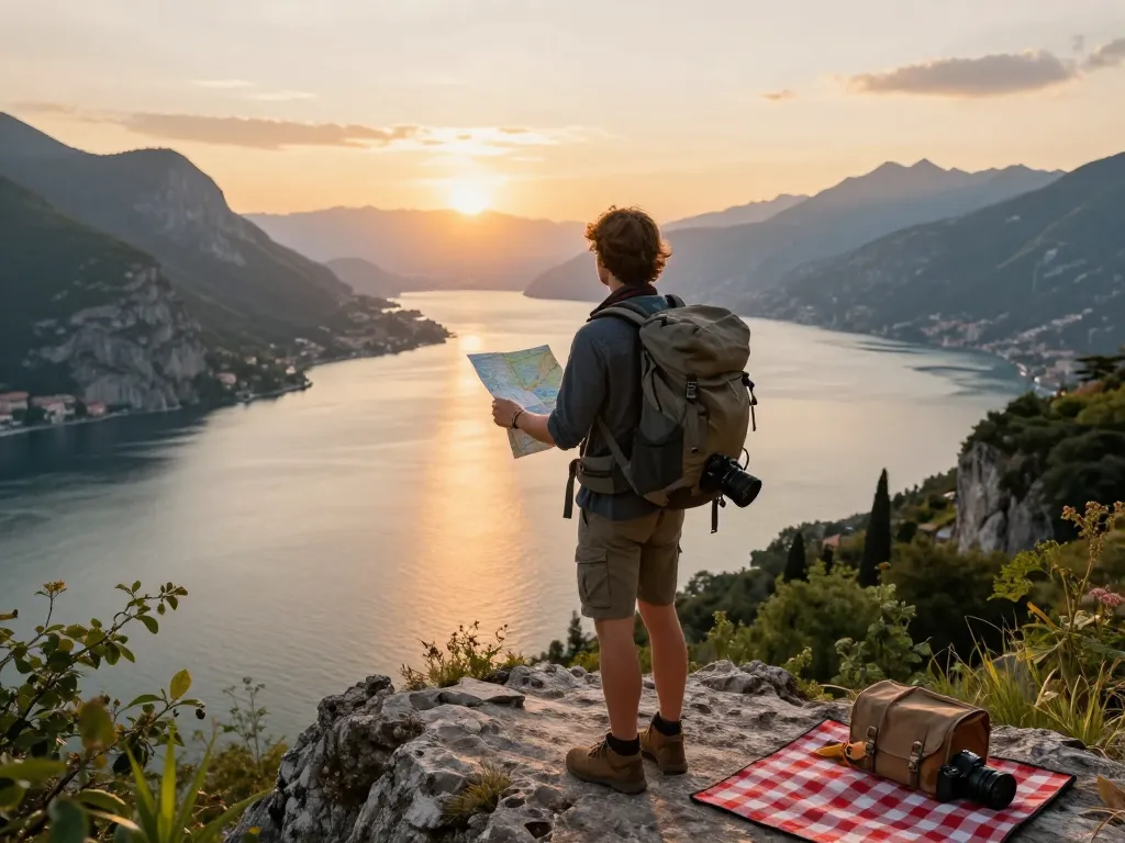 Beeindruckender Blick auf den Sonnenuntergang vom Gardasee, der Entspannung und Abenteuer für Urlauber am Gardasee zeigt.