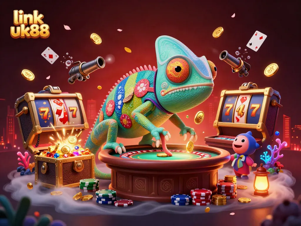 Engage with link uk88 in a vibrant 3D casino scene featuring an enormous chameleon and playful slot elements.