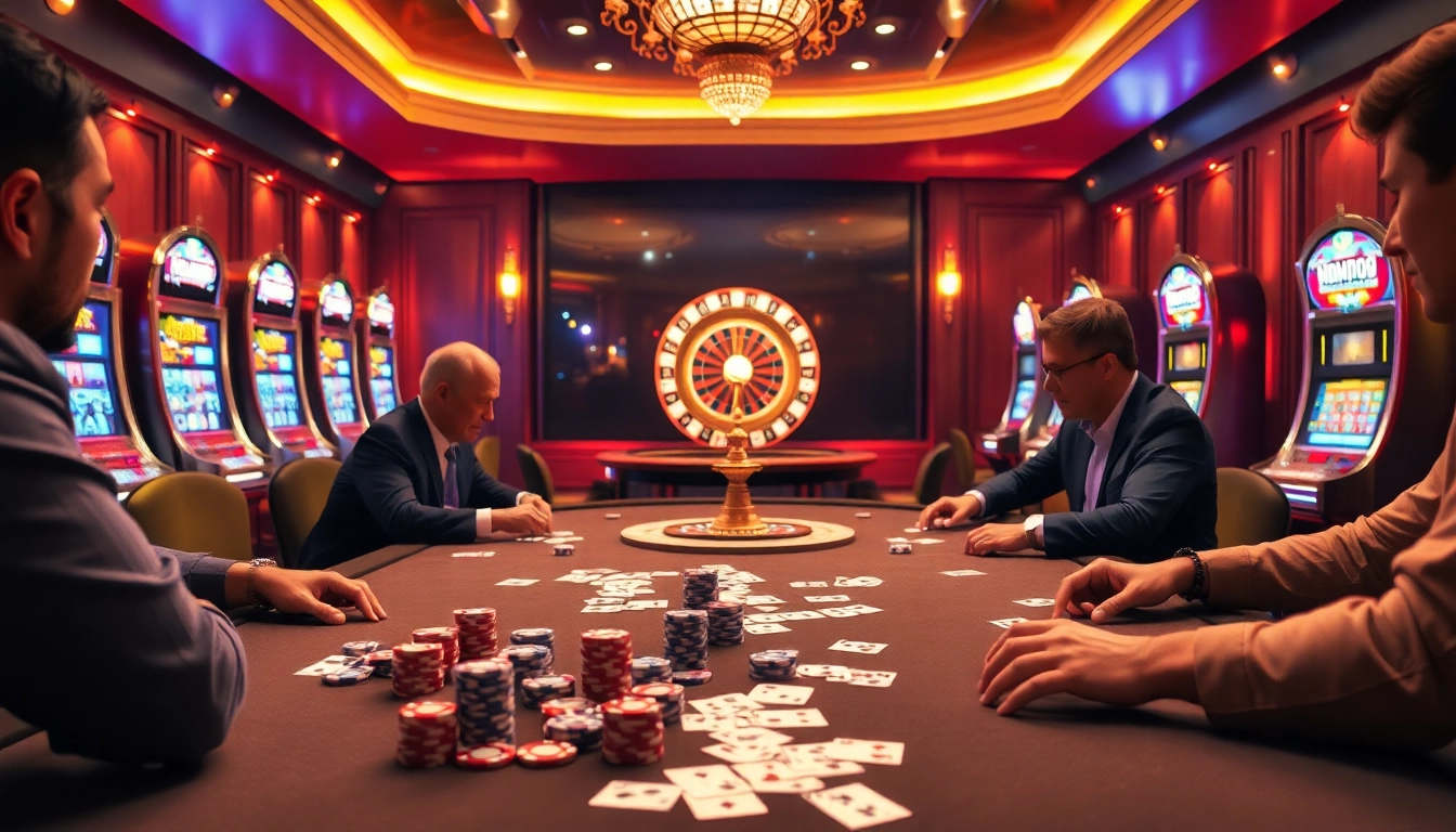 Players strategizing at a NOHU90 poker table, showcasing vibrant chips and games of chance.