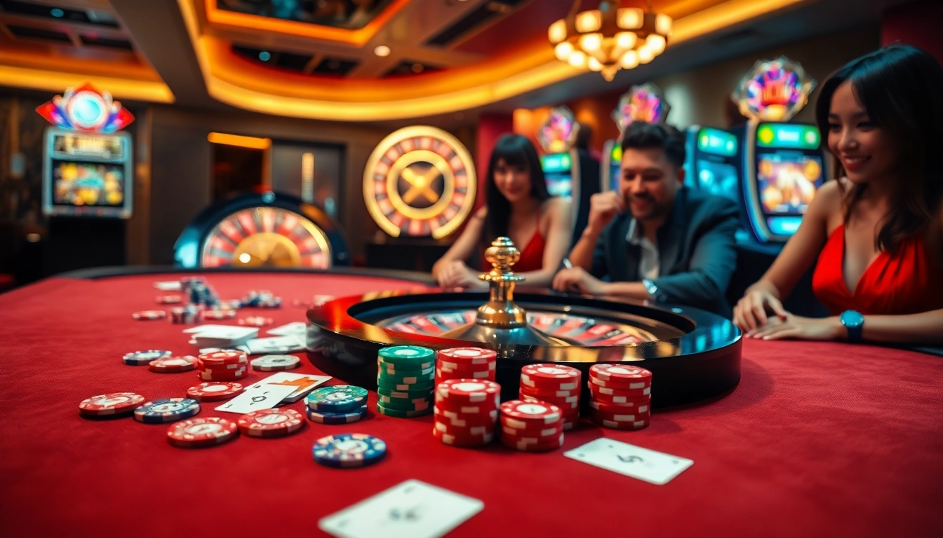 Engaged players enjoying a vibrant casino table setup, highlighting https://www.jl55.one/ with colorful gaming elements.