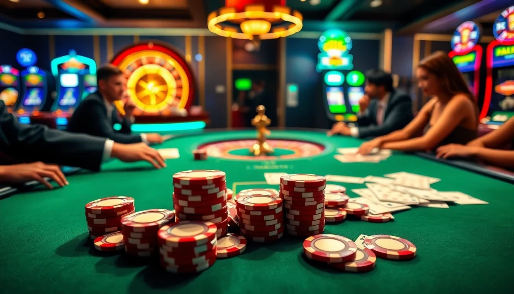 Players strategizing at a poker table with BDTK1-themed luxury and excitement in a casino.