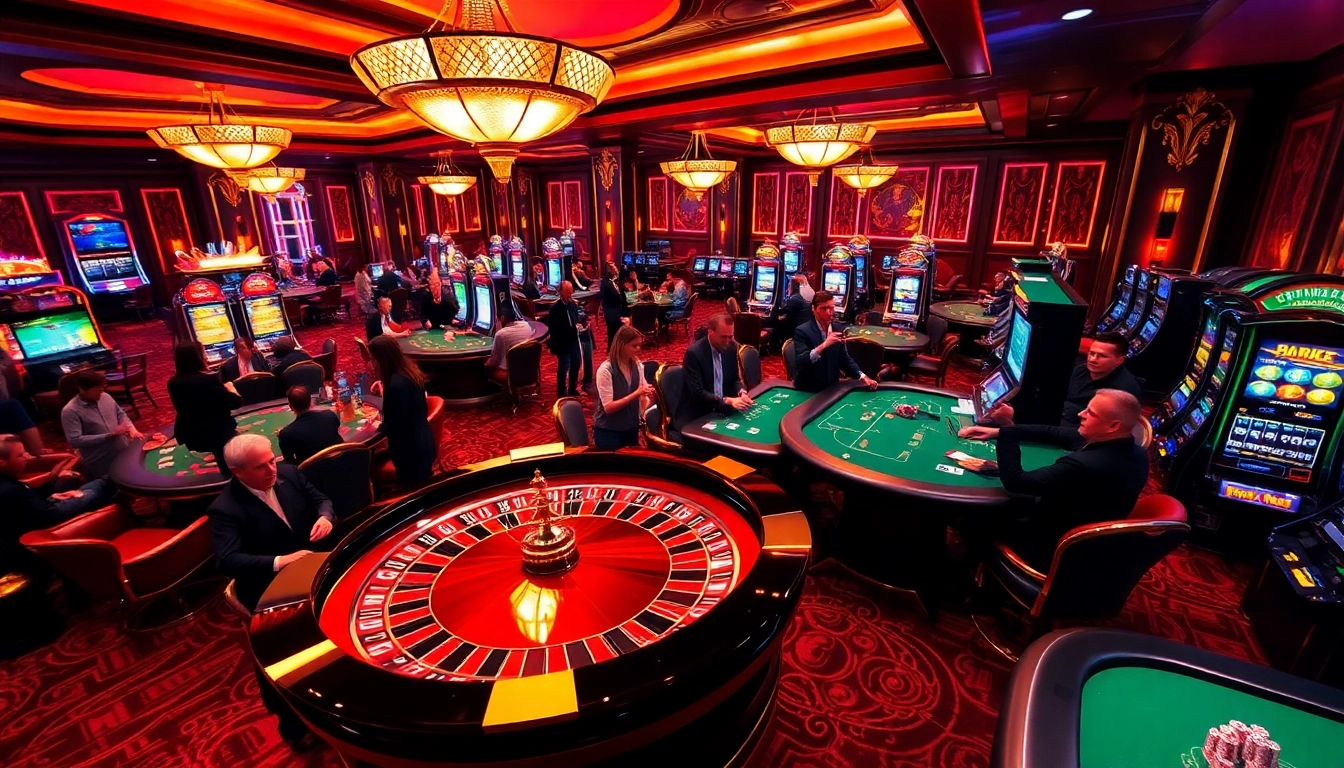Excited gamblers enjoying the thrill of MMOO at a luxurious casino, with roulette and poker tables.