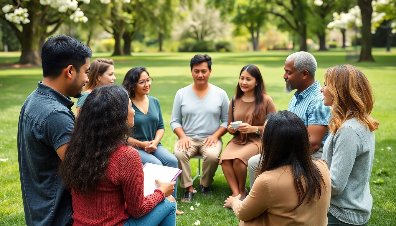 Mental health awareness gathering where diverse individuals support each other in a serene park.