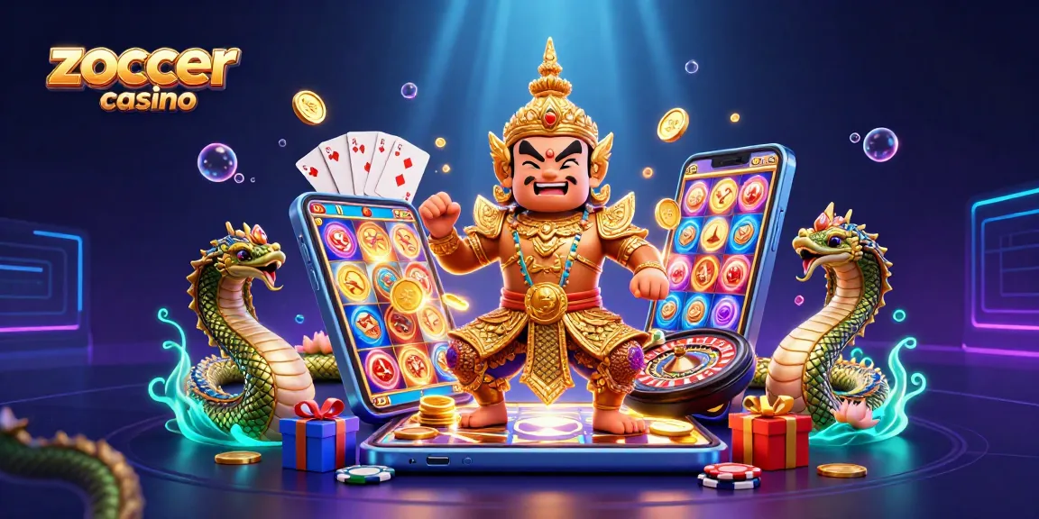 Zoccer casino features a lively 3D scene with a temple guardian, gaming elements, and vibrant colors.