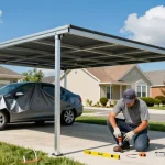 Effektiver Carport-Aufbau in einem modernen Wohnviertel mit Handwerkern und Werkzeugen