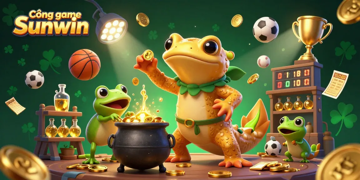 Cổng game Sunwin features vibrant 3D scene with an alchemist and sports elements showcasing engaging gambling activities.
