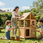 Gartenhaus kaufen - Familie baut gemeinsam ein Holz-Gartenhaus im Garten auf.