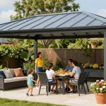 Schöne Terrassenüberdachungen im Garten mit Familie, die einen sonnigen Tag genießen.