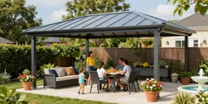 Schöne Terrassenüberdachungen im Garten mit Familie, die einen sonnigen Tag genießen.
