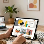 Shopper enjoying FAFA828 online deals in a warm home atmosphere.