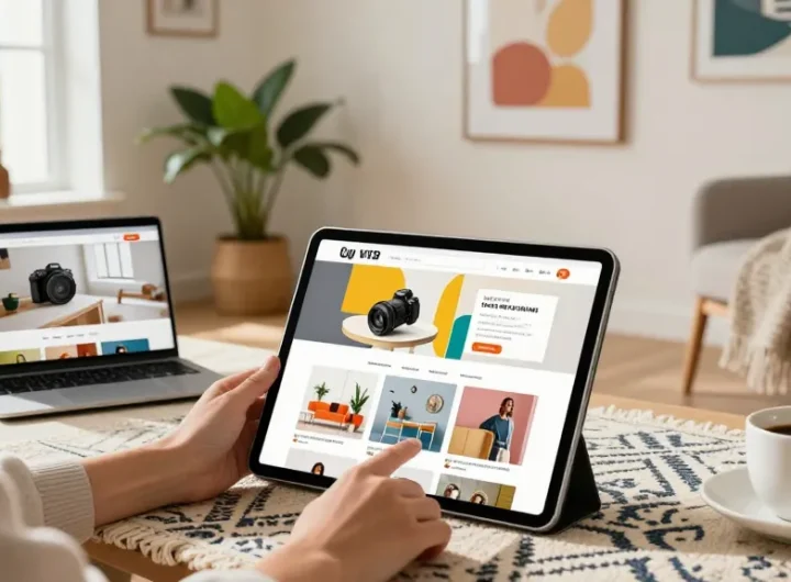 Shopper enjoying FAFA828 online deals in a warm home atmosphere.