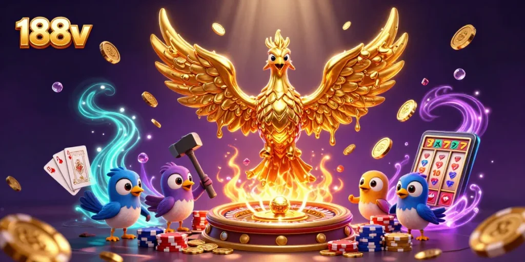 Engage with 188v's vibrant casino scene featuring a molten golden phoenix and exciting casino elements.